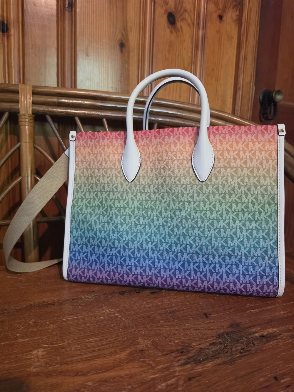 Michael Kors Rainbow Logo Tote with White Trim and Tan Strap
